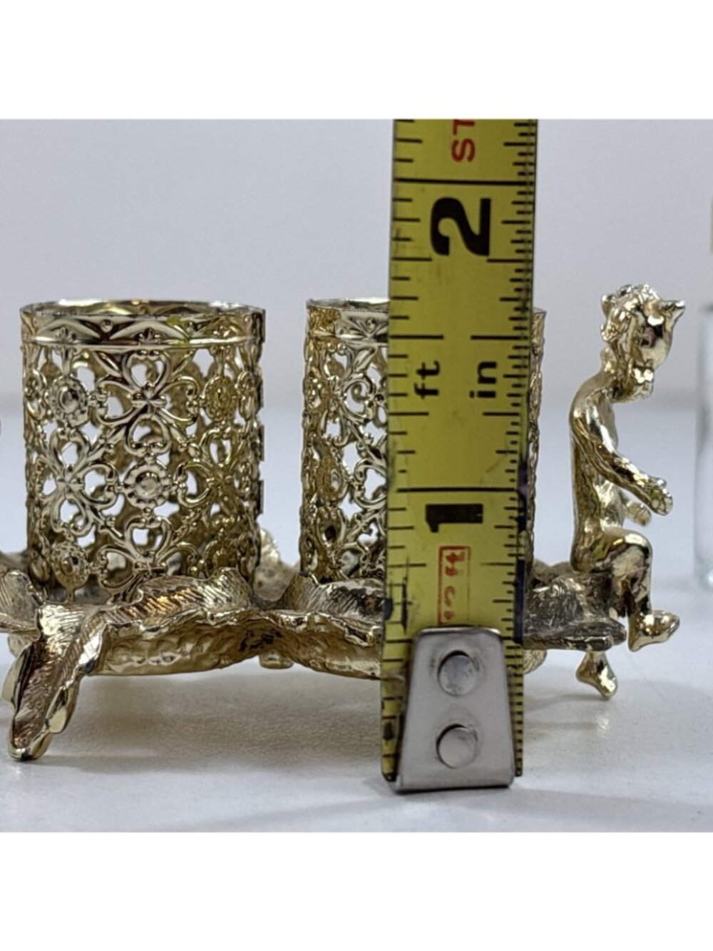 Vintage Cherub Perfume Glass Bottle Set Gold Filigree Holder SF Hollywood Reg - Picture 8 of 9